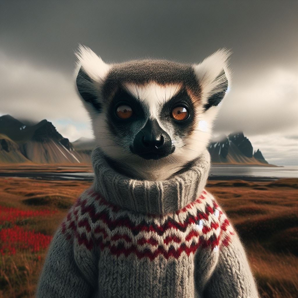 Can you make me a picture of a lemur in Icelandic landscape. The lemur is dressed in an Icelandic wool sweater. The picture should be like a movie poster for a like a photograph made by an wildlife photographer.
