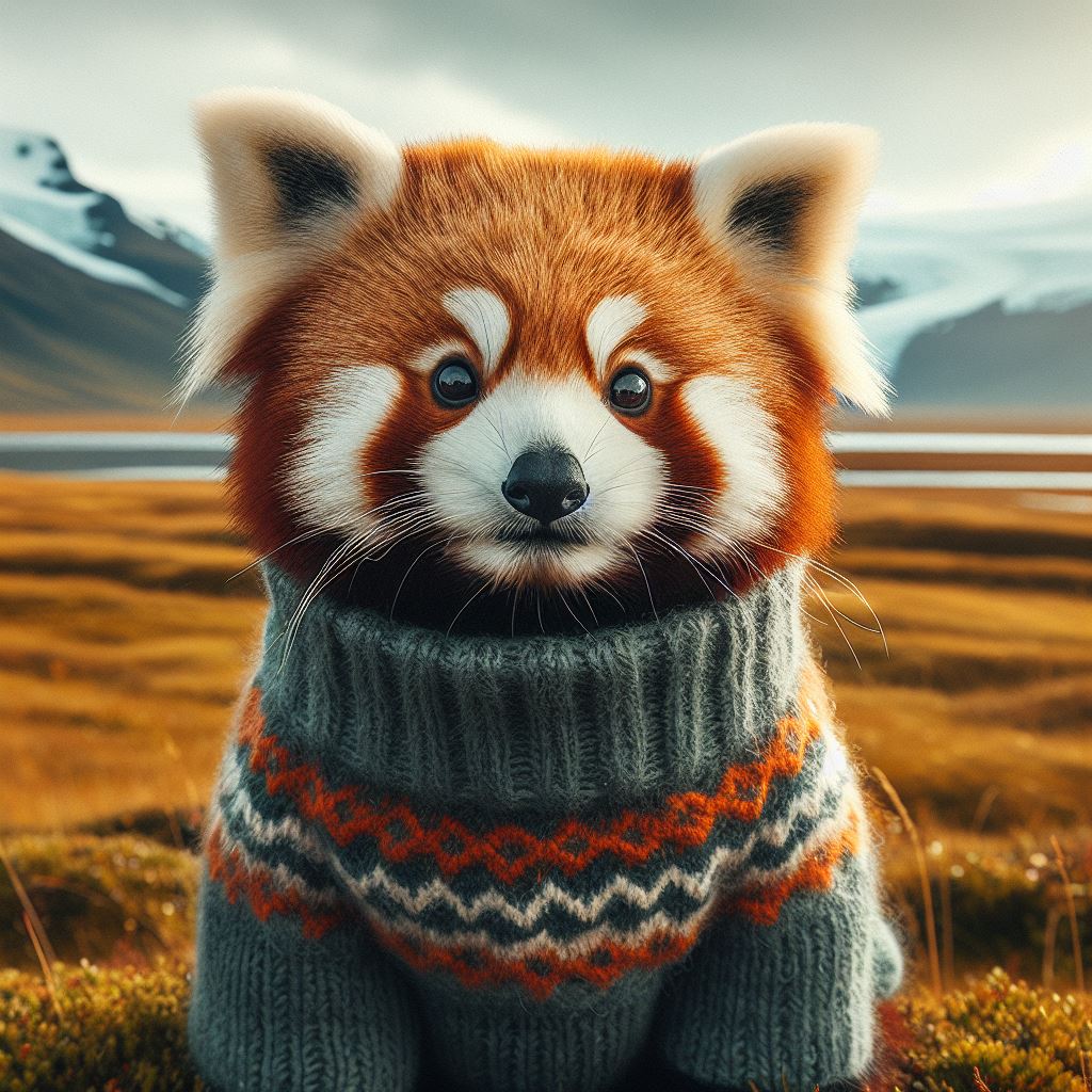 Can you make me a picture of a red panda in icelandic landscape. The Red panda is dressed in an Icelandic wool sweater. The picture should be like a movie poster for a like a photograph made by an wildlife photographer.